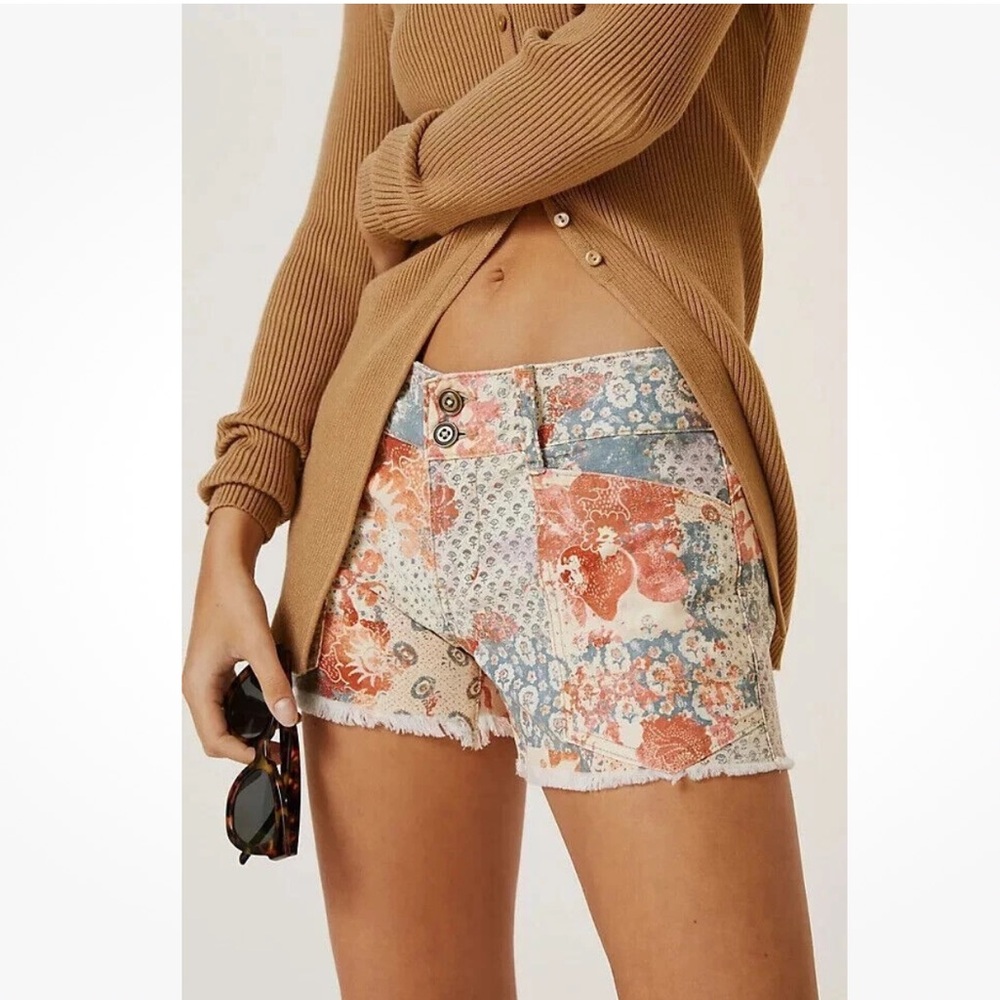Anthropologie Patchwork Floral Denim Shorts in Blue, Orange, Cream